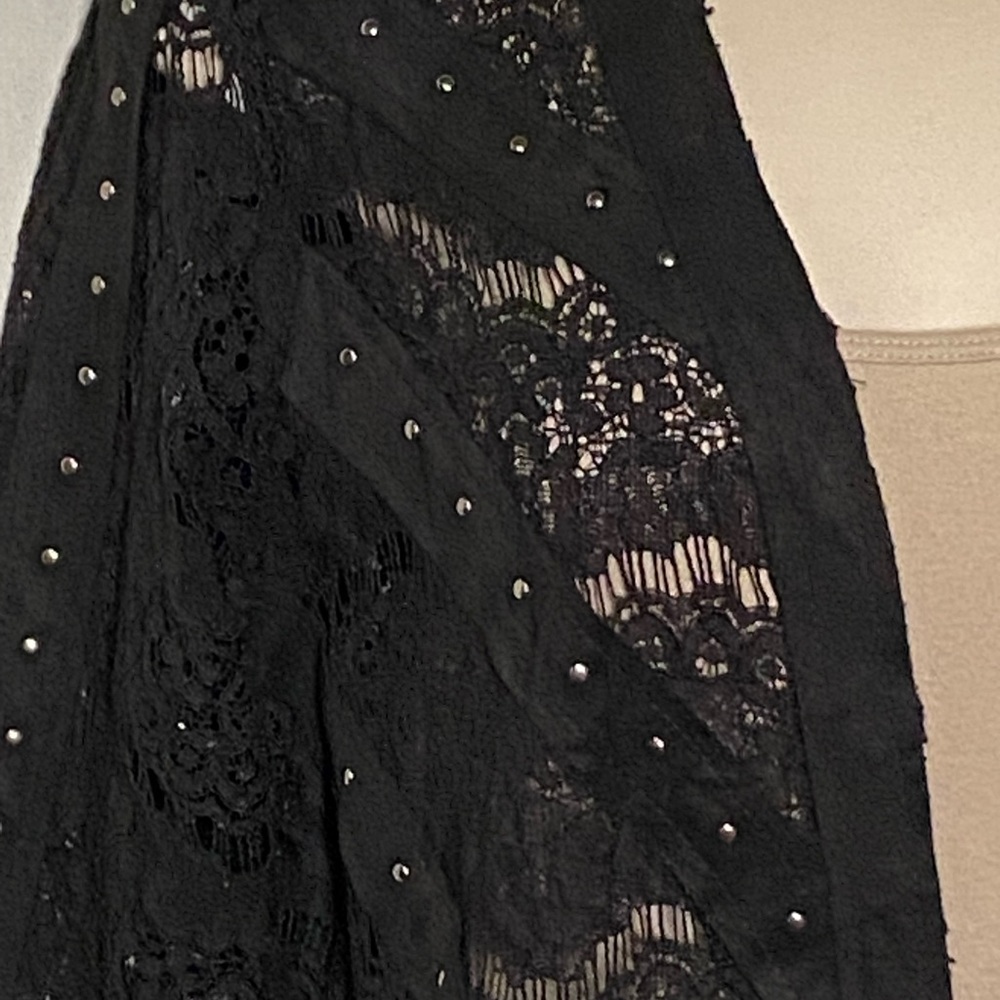 Vocal Lace Knit with Studded Faux Suede, Scalloped Hem Open Front Cardigan - Picture 2 of 13